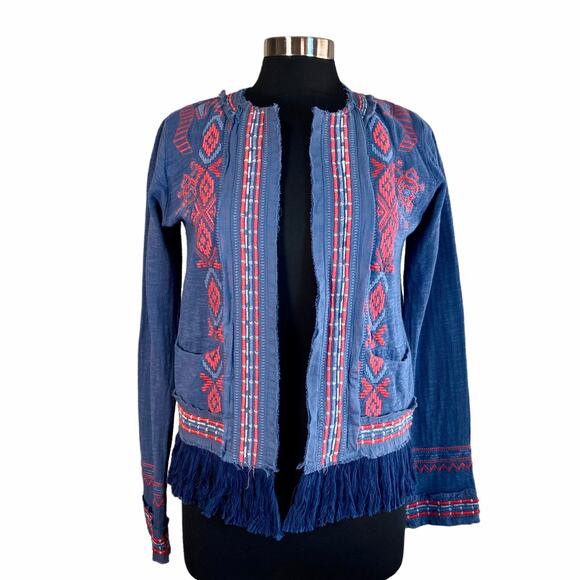 Johnny Was Yatzil Fringe Jacket Blue Red Embroidery Sz Small Boho Western Hippie - Picture 1 of 10